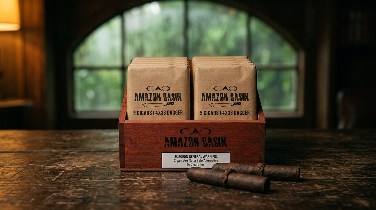 CAO Amazon Basin Daggers packs and cigars on a lounge table