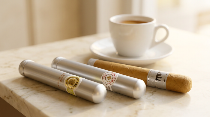 Macanudo Cafe, Montecristo White and Skyline Connecticut cigars with espresso