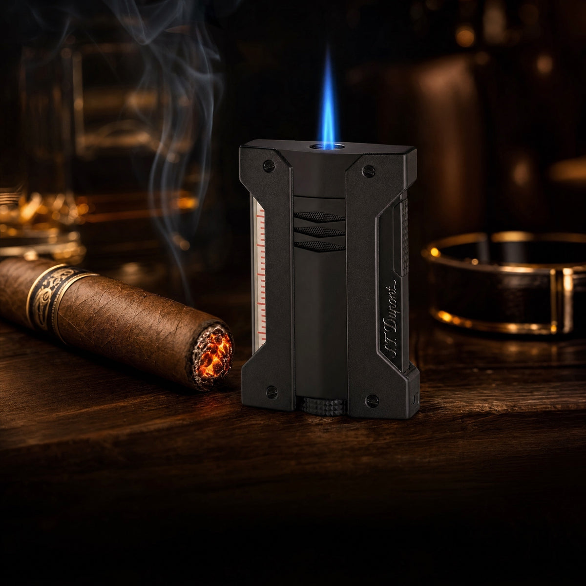 S.T. Dupont jet lighter lighting a cigar